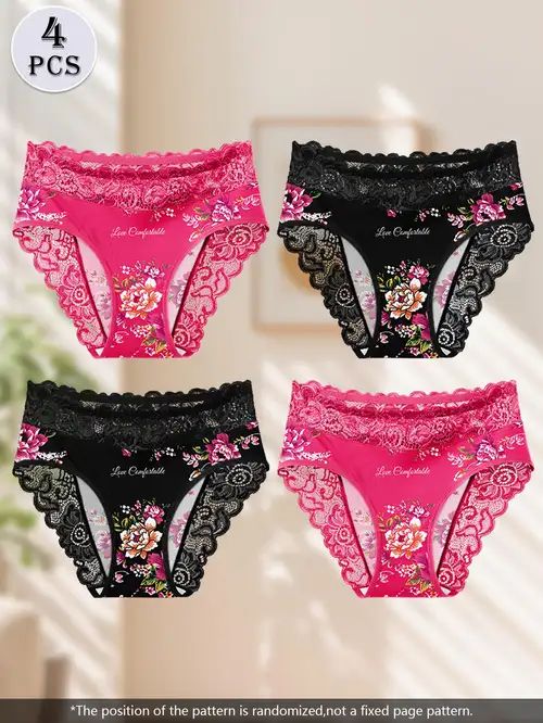 4pcs Women'S Triangle Panties - Elegant Floral Lace Trim Waistband, Soft Breathable Fabric